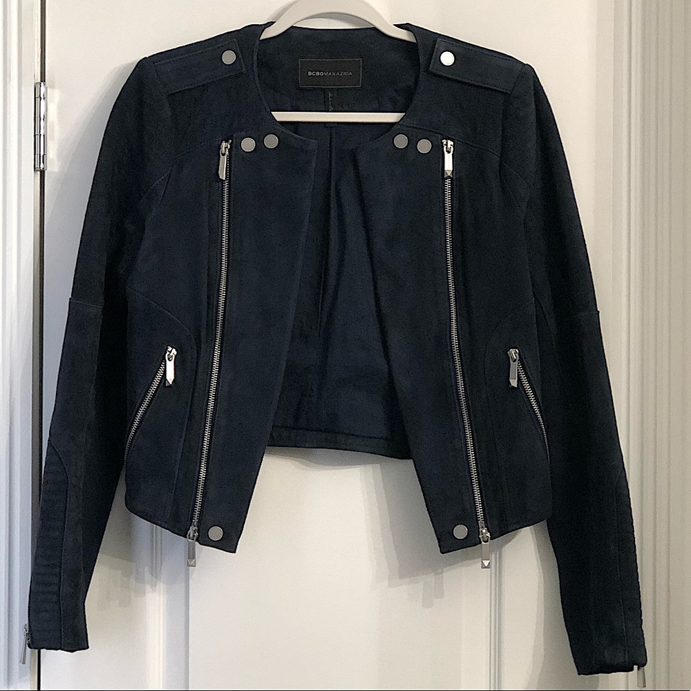 BCBG MAXAZRIA Joss Suede Moto Jacket-Navy